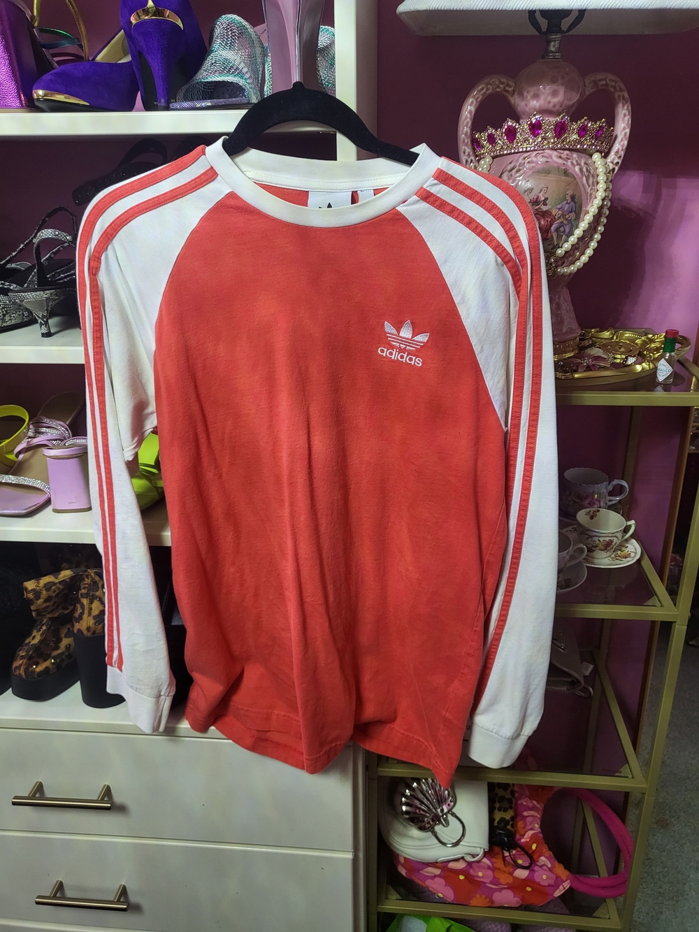 adidas Red and White Raglan Long Sleeve Trefoil Top